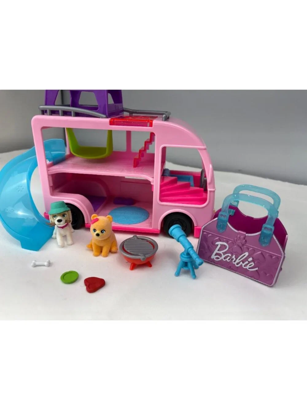 Barbie Pet Camper Playset w/ Accessories Figures Pink Slide Grill Pup Fun